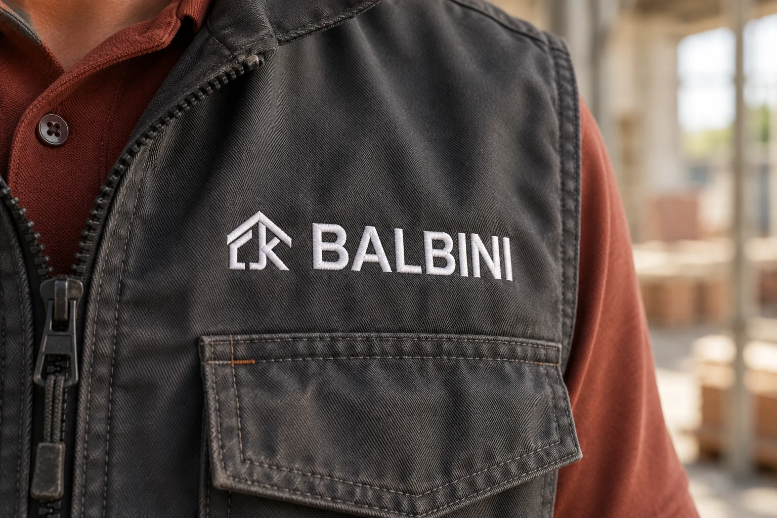 Mockup del ricamo Balbini sulla divisa grafite con polo laterizio